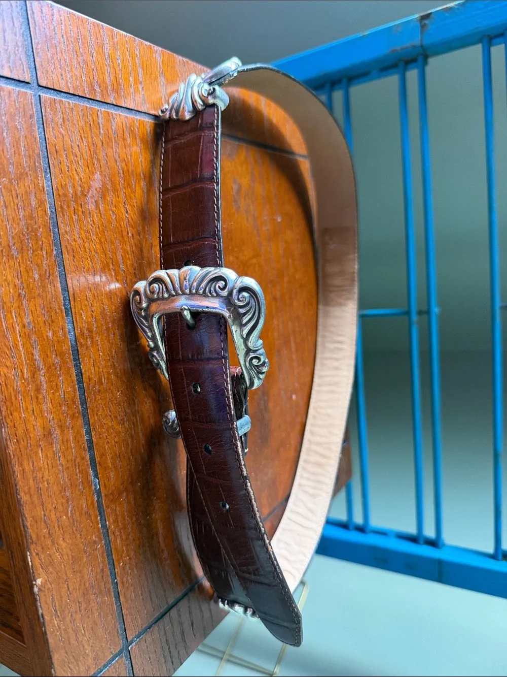 Brighton Brown Croc-Embossed Leather Belt with Ornate Silver Buckle